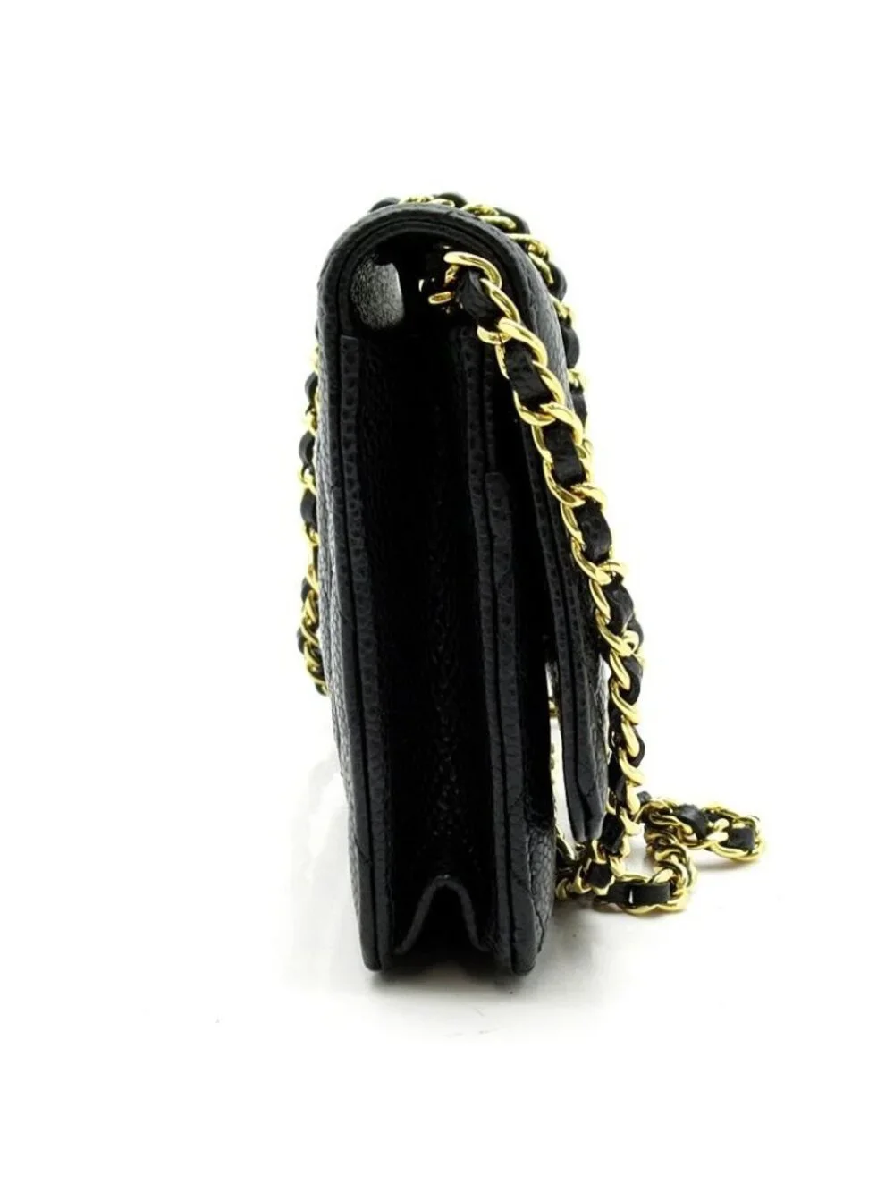 Chanel Quilted Chain Wallet Caviar Leather Shoulder Bag Black
